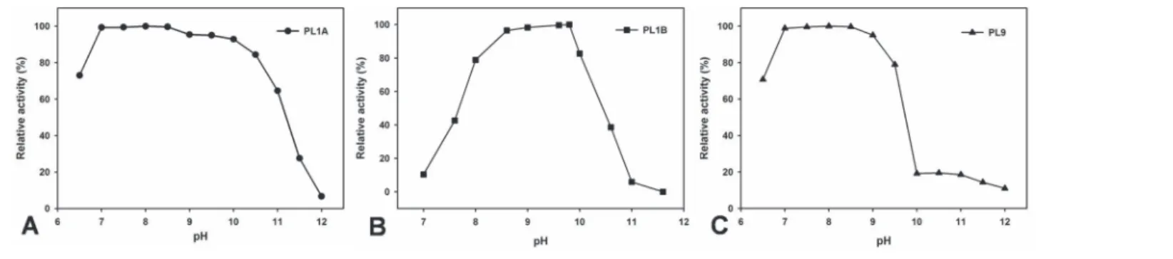Figure 5. Effect of pH on the activity of (A) PL1A; (B) PL1B; (C) PL9 towards PGA as substrate.