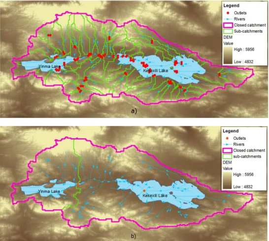 Fig. 4. (a) Catchments represented by at least 100 upstream cells draining into a river segment based on the HydroSHEDS DEM data at 15 arcsecond resolution
