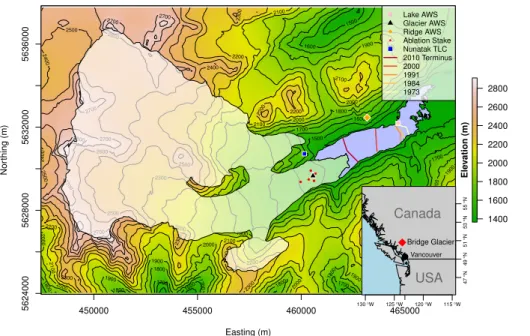 Figure 1. Bridge Glacier study area, instrumentation, and select terminus positions from 1973 to 2013