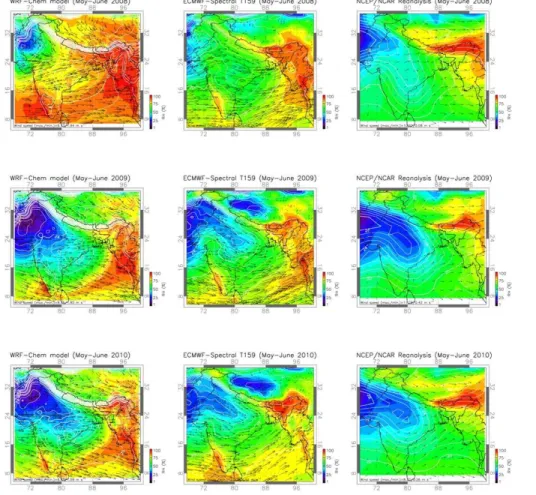 Fig. 2. Meteorological parameters at 850 hPa averaged for May and June. RH in color, tem- tem-perature as contours, and wind direction as arrows