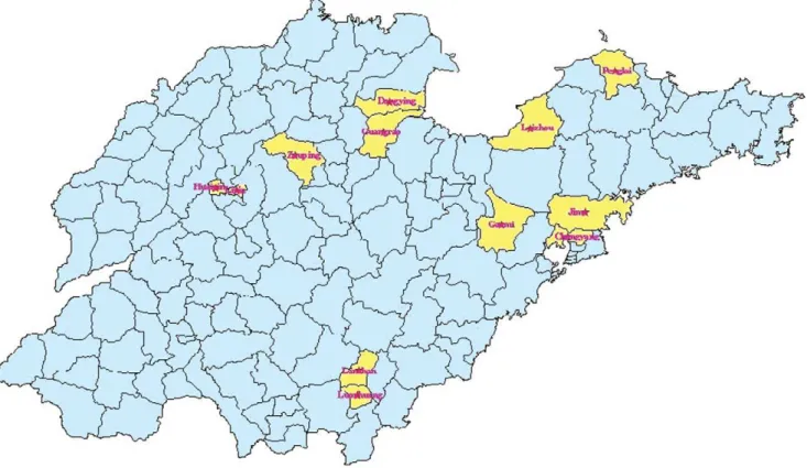 Figure 1. Location of the 12 study sites in Shandong province.