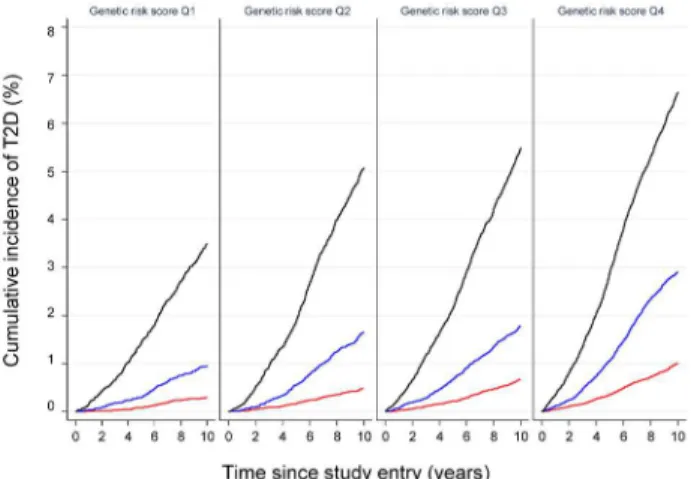 Figure 4. Cumulative incidence of type 2 diabetes (percent) by quartiles of the imputed, unweighted genetic risk score and strata of body mass index, waist circumference, physical activity, and Mediterranean diet score: the InterAct study