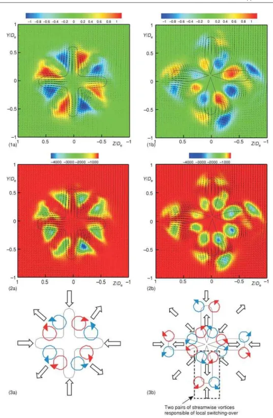 Figure 5. (1) Mean streamwise vorticity w x at X = 0.5 D e (2) l 2 distributions at X = 0.5 D e (3) Schematic of streamwise structures organization