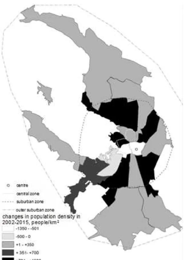 Fig. 4. Changes in population density   in Saint Petersburg districts in 2002—2015  Compiled by the authors based on [3]