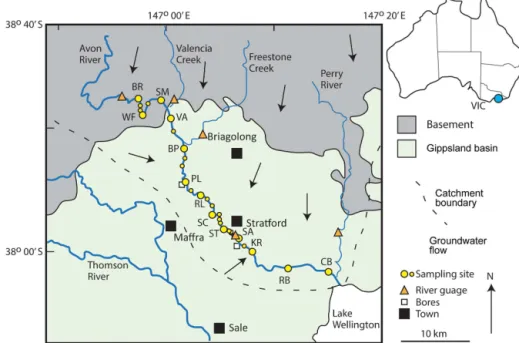 Figure 1. Summary geological and hydrogeological map of the Avon River catchment (Hofmann and Cartwright, 2015; Department of Environment and Primary Industries, 2015)