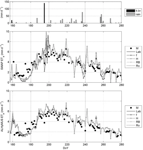 Fig. 4. Water inputs and evapotranspiration simulated by SWAP and ALHyMUS and measured by eddy-covariance (EC); for parameter sets codes see Table 4.