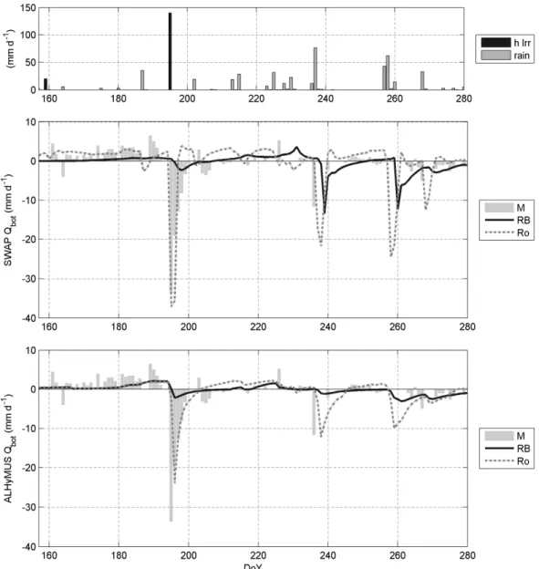 Fig. 8. Water inputs and flow at the bottom of the root zone simulated by SWAP and ALHyMUS and estimated by hydrological balance (M);
