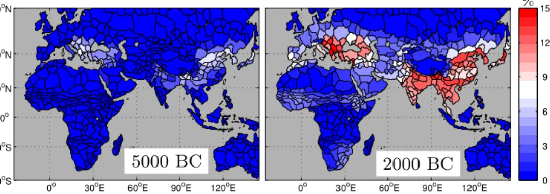 Fig. 3. Fractional crop cover at 5000 BC (left) and 2000 BC (right) simulated by the Global Land use and Technological Evolution Simulator (GLUES, Lemmen, 2009).