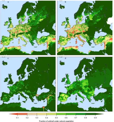 Fig. 4. Anthropogenic land use in Europe and surrounding areas at AD 800 simulated by four di ff erent modelling approaches: (a) the Kaplan et al