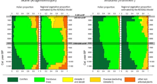 Fig. 7. REVEALS reconstructions of Holocene vegetation changes (right in each panel) in southern Sweden based on the pollen records (left in each panel) from Kragehomssj ¨on (province of Sk ˚ane, left) and Lake Trummen (province of Sm ˚aland, right) (from 