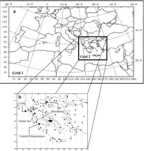 Fig. 1. (a) MM5 nested model domains. (b) Location of the 113 rain gauges (marked by black circles) used in the verification procedure.
