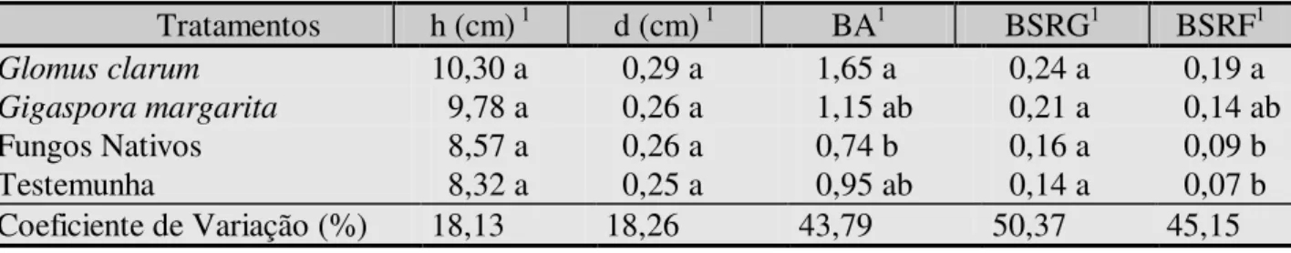TABELA 4. Percentagem do comprimento de raízes finas (&lt; que 1,0 mm de diâmetro) colonizadas  com FMA em mudas de Cassia leiandra, aos 168 dias após a germinação