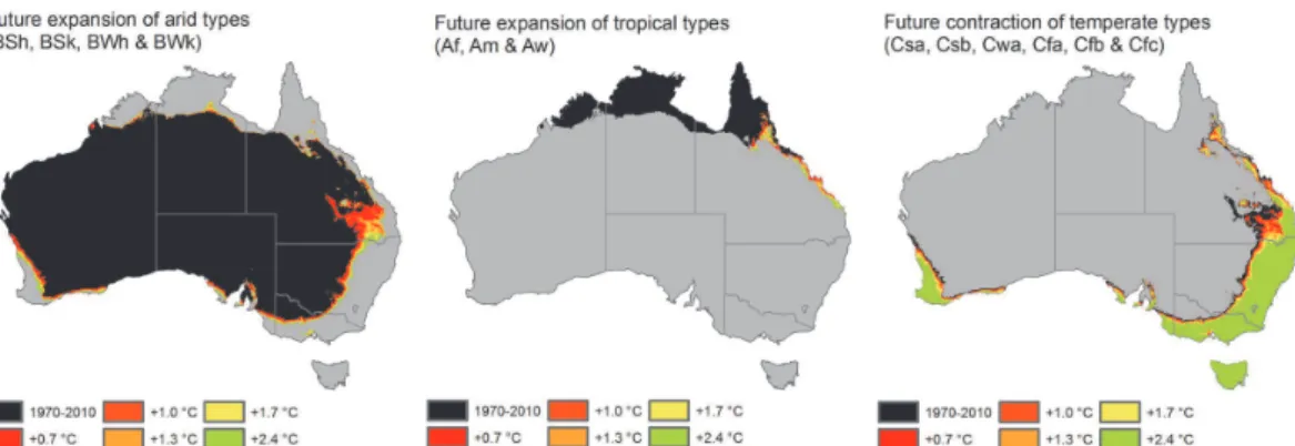 Fig. 5. Future extents of the top level K ¨oppen-Geiger classification – Arid, Tropical and Tem- Tem-perate (Cold not shown on this plot).