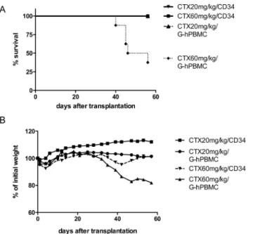 Fig 1. Effect of cyclophosphamide in NSG mice 56 days post transplantation. NSG mice received 20mg/kg or 60mg/kg cyclophosphamide by intraperitoneal injection (day -3, -2) and 200cGy X-ray (day-1) followed by i.v