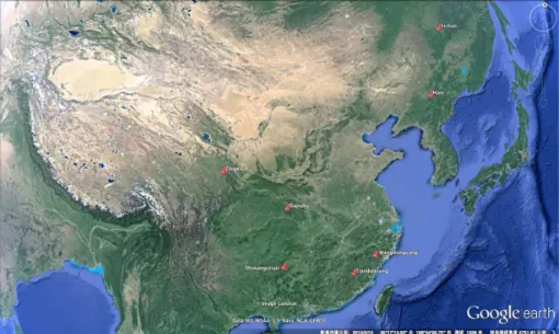 Figure 1. Locations of sampling sites in the monsoonal region of China. Downloaded from Google Earth.