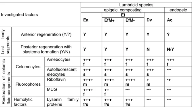 Table 1 Celomocyte restoration characteristics and regeneration of anterior and posterior segments in four  lumbricid species: Eisenia andrei (Ea); E
