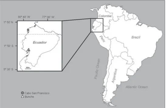 Figure 1. Map of Ecuador indicating the sampling sites, Bunche and Cabo San Francisco Beaches.
