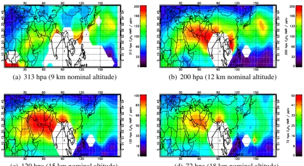 Fig. 12. The MORSE retrieved C 2 H 2 distributions for August 2003 located over the Asian monsoon anticyclone region for the 9 km, 12 km, 15 km and 18 km nominal MIPAS tangent altitudes
