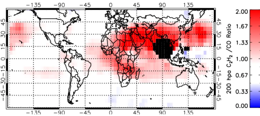Fig. 6. 200 hPa MORSE C 2 H 2 /150 hPa MOPITT CO ratio for August 2003 calculated from the 5 ◦ globally gridded data (in units of pptv/ppbv)