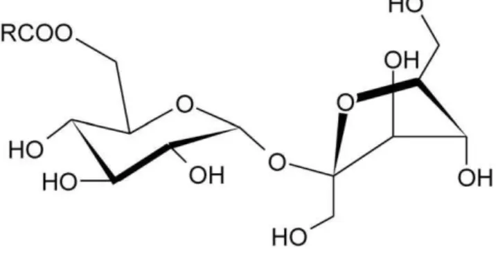 Fig. 1 shows the chemical structure of the different sucrose esters used in these experiments, the nonionic head group corresponds to a sucrose moiety (highly substituted with hydroxyl groups) and the hydrophobic tail is a hydrocarbon chain of increasing l
