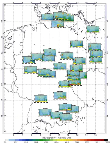 Fig. 1. Geographical distribution of the DWD ceilometer network as of spring 2010. Curtain plots of diurnal backscatter vertical profiles (from 16 April) indicate the position of the  measure-ment devices.