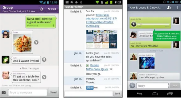 Figure 6 - Chat examples for Android (Viber, HipChat and textPlus) 