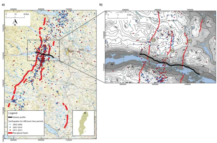 Figure 1. Location of the seismic profile over the Pärvie fault system in northern Sweden