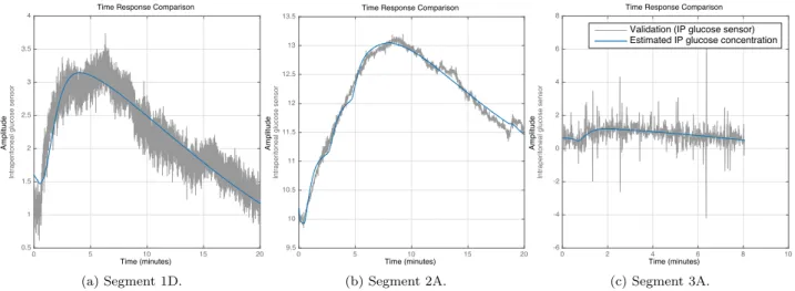 Figure 5: Examples of identification of arterial to peritoneal glucose dynamics, i.e. the transfer function H P (s), for one segment of each animal experiment
