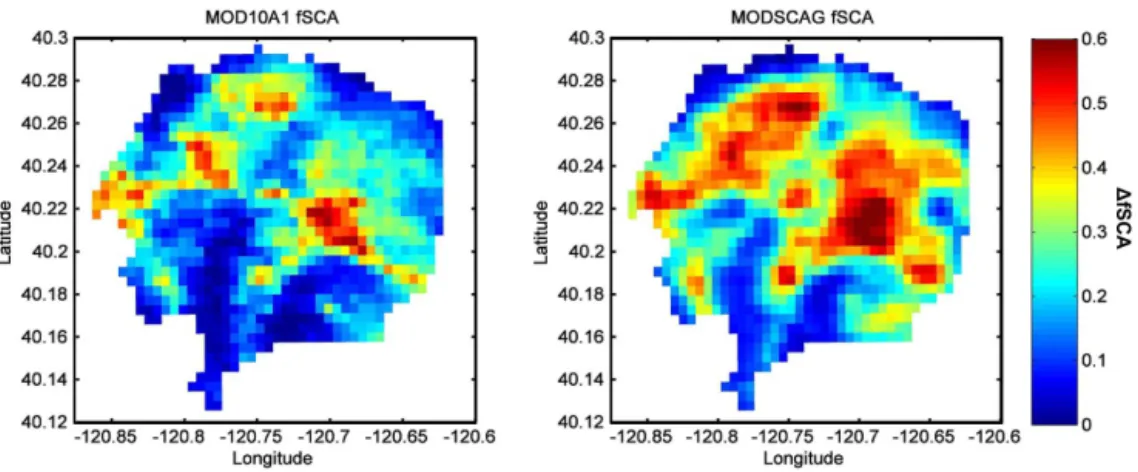 Figure 2. Pre- and post-fire MOD10A1 fSCA (left) and non-canopy-adjusted MODSCAG fSCA (right) difference maps for winter (January–
