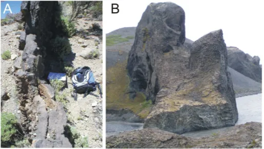 Fig. 8. Segmented feeder dykes. (A) The Colmenas feeder dyke (Tenerife) is composed of several segments some of which have coalesced through narrow channels