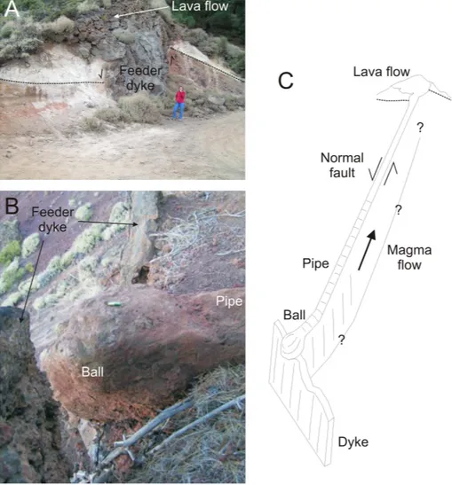 Fig. 9. (A) Outcrop of a shallow normal fault intruded by the Colorada feeder dyke (Tenerife), where the magma transported by the dyke extrudes and forms a small lava flow