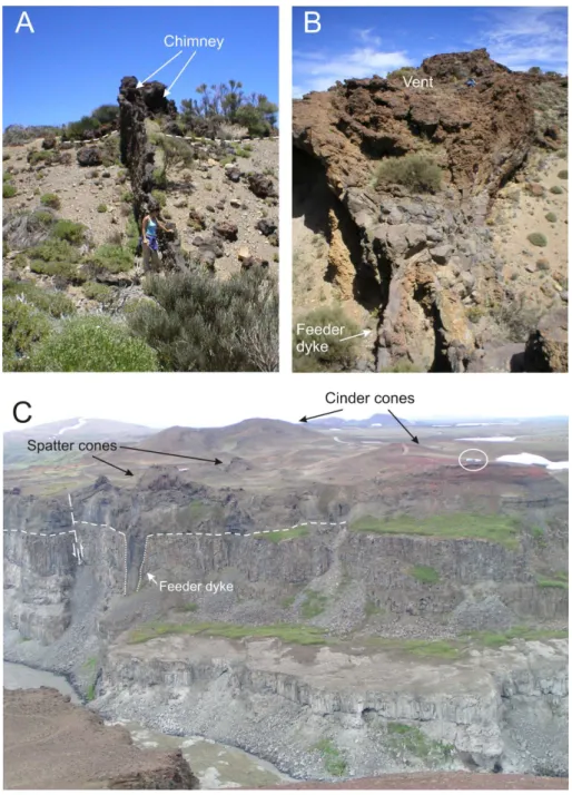 Fig. 3. Examples of subvertical sheet-like feeder dykes: (A) the Colmenas feeder dyke (Tenerife) connected to chimneys; (B) the Colmenas feeder dyke connected to a spatter cone; and (C) the Raudholar feeder dyke (Iceland) connected to a spatter cone