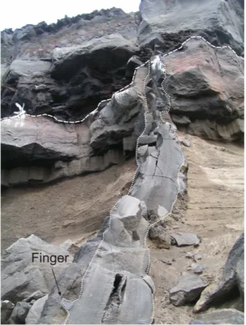 Fig. 5. The Reykjanes dyke (Iceland) feeding a lava flow. The dyke dissects soft pyroclastic layers and then, at the top, a stiff basaltic lava flow