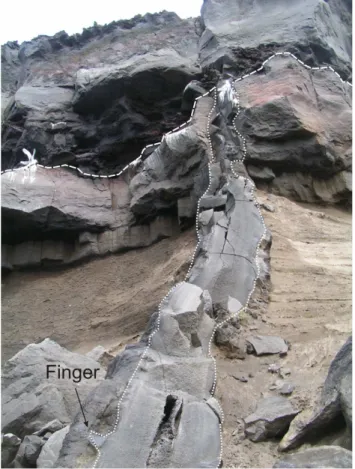 Fig. 5. The Reykjanes dyke (Iceland) feeding a lava flow. The dyke dissects soft pyroclastic layers and then, at the top, a stiff basaltic lava flow