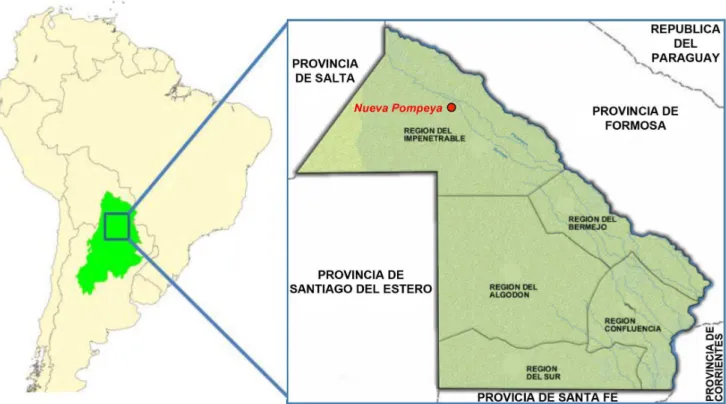 Figure 1. Map of Gran Chaco region and the focus on Chaco province in Argentina with highlighted Misio´n Nueva Pompeya where samples were collected.