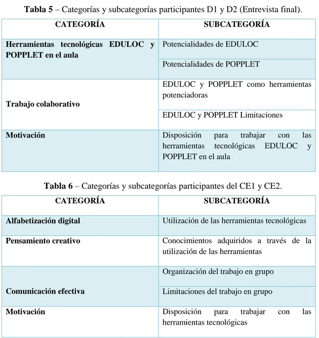 Tabla 6 – Categorías y subcategorías participantes del CE1 y CE2. 