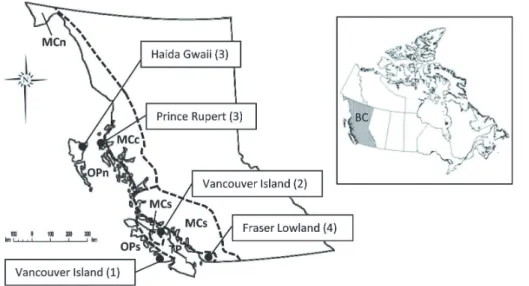 Fig. 1. Location of the research sites in British Columbia (BC), with number of research sites in parentheses
