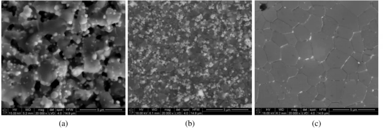 Figure 8. Microstructure of the pressureless sintered and the hot pressed materials: a) HAp-10Z composite - pressureless sintered at 1400 °C, b) hot pressed at 1200 °C HAp-10Z composite and c) hot pressed at 1200 °C pure HAp