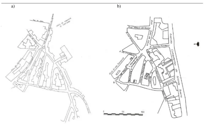 Figura 6 - a) Pormenor da área a Oeste da Praça Rodrigues Lobo, em 1809 [9]; b) A área a  Oeste da Praça Rodrigues Lobo, em 1938 [9] 