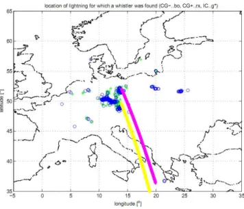 Fig. 3. An example of lightning activity during one pass of the satellite over the European region (evening pass on 29 July 2005).
