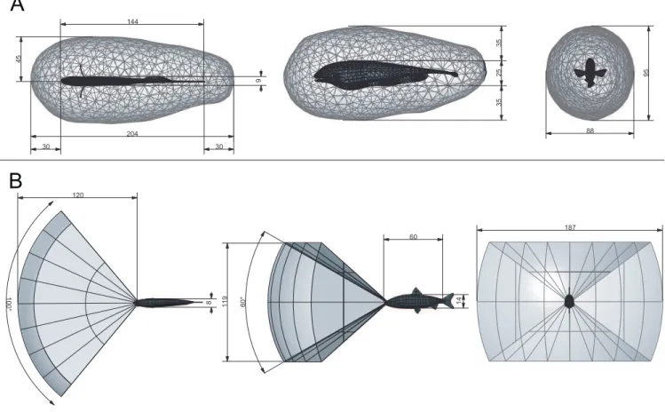 Figure 8. Comparison of Active and Passive Sensory Volumes for Prey Detection in Fish, Dimensions Shown in Millimeters