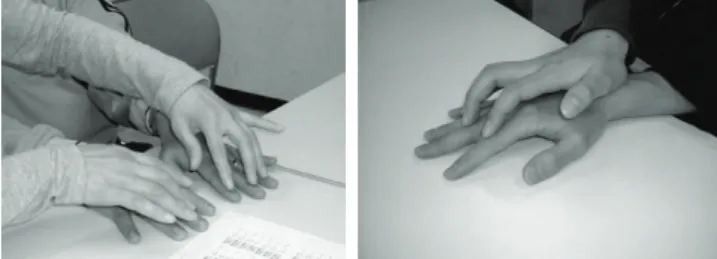 Fig. 1.  Two-handed Finger Braille and one-handed Finger Braille. 