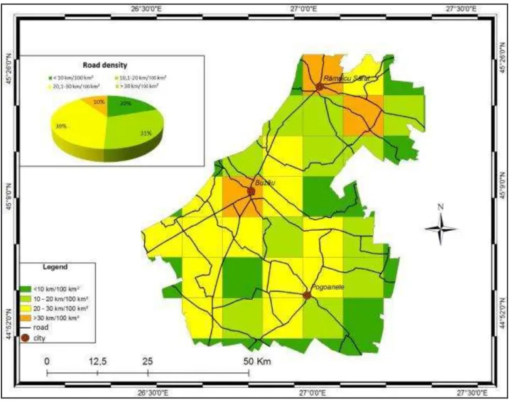 Figure 13. Road density in the lowlands of  Buzău County                 (Data source:  http://www.openstreetmap.org/) 