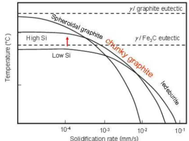 Fig. 11: Graphite morphological transition                           mechanism of SG to CHG and ledeburite       SG  formation,  due  to  the  increase  in  the  dificulty  of  carbon diffusion, produces the CHG.