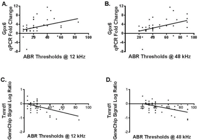 Figure 2. ABR thresholds correlation with gene expression A) and B): The correlations between Gxp6 qPCR fold changes and ABR thresholds at 12 kHz and 48 kHz are two examples of the significant correlations of gene expression changes with ABR test results.