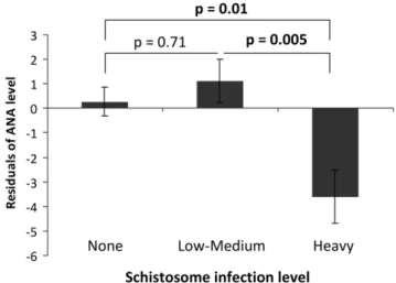 Figure 3. Relationship between anti-nuclear antibody (ANA) and schistosome infection levels