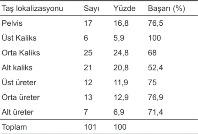 Tablo 2. Taşların lokalizasyonu dağılımı ve taş kırma ba- ba-şarı oranları