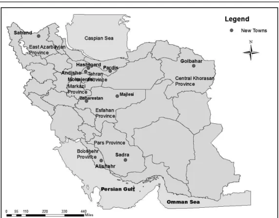 Fig. 1 – The location of the surveyed new towns in Iran 