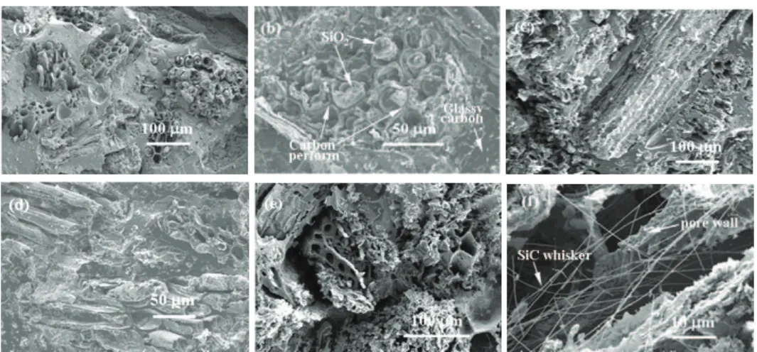 Fig. 4. FESEM Images of the products obtained by sintering the wood flour–SiO 2 –phenolic  composite at 1350 (a and b), 1450 (c and d) and 1550 °C (e and f) for 2 h