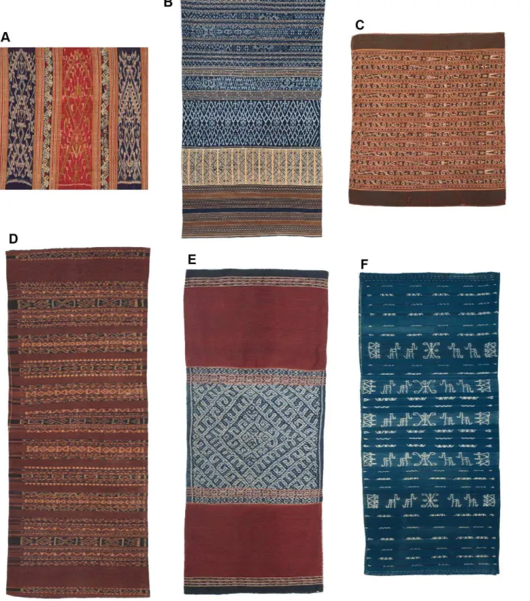 Figure 3. Examples of Southeast Asian textiles with ikat decoration. A: detail of Tai weft ikat cloth with bands of supplementary weft decoration, formerly part of a tubeskirt with a waist band above and a narrow band of plain cloth below, B: Meifu Li tube